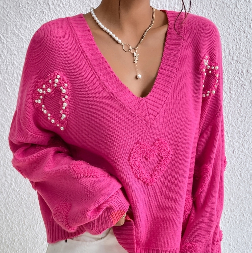 Pearls Heart Detail V-neck Drop Shoulder Sweater - Picture 4 of 5